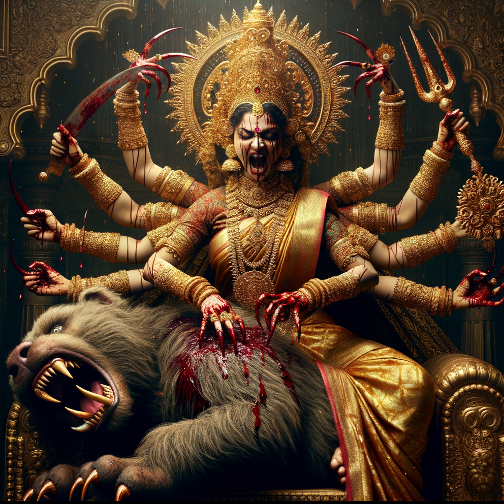 portrait of angry looking, four-armed indian goddess  sitting on a gold crown and carrying a weak mahishasur on her lap and poking his abdomen with her amazingly long red fingernails . She is wearing gold armor, a huge gold crown, gold saree, abundant  gold jewelry, covered in blood. The scene is set in ancient India. The image is 8K resolution, cinematic, photography, ultra detailed face and epic.