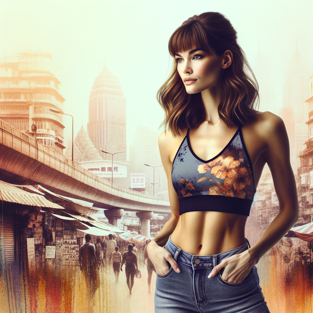 Athletic Thin skinny Attractive, Asian teenage girl, long brown hair and bangs, wearing tight skinny jeans and a halter top paint marks on her clothing, heroic pose Asian graffiti background, side view