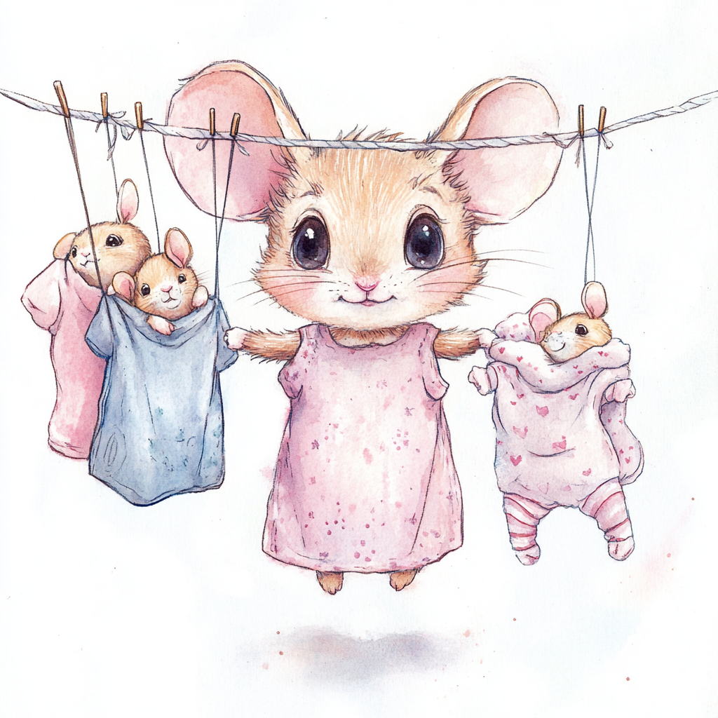 Cute mouse with expressive eyes, hanging laundry on a line which has lots of baby clothing hanging off it on clothing pins. She is adorable and has 2 little baby mice hanging from the line wrapped in blankets. Style is watercolor, with pencil outlines.