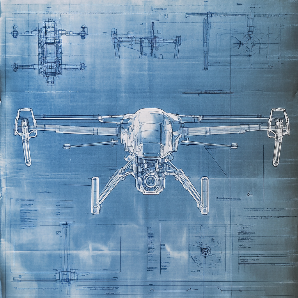 A detailed specification sheet on blueprint paper for drone with callouts and dimensions, highly technical