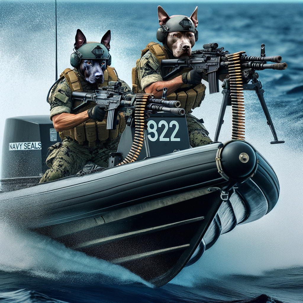 Two pit bulls, the pit bulls are US Navy sailors in battle gear, Manning, two 50 caliber machine guns on each side of the boat. They are going fast in a navy seal boat splashing waves.