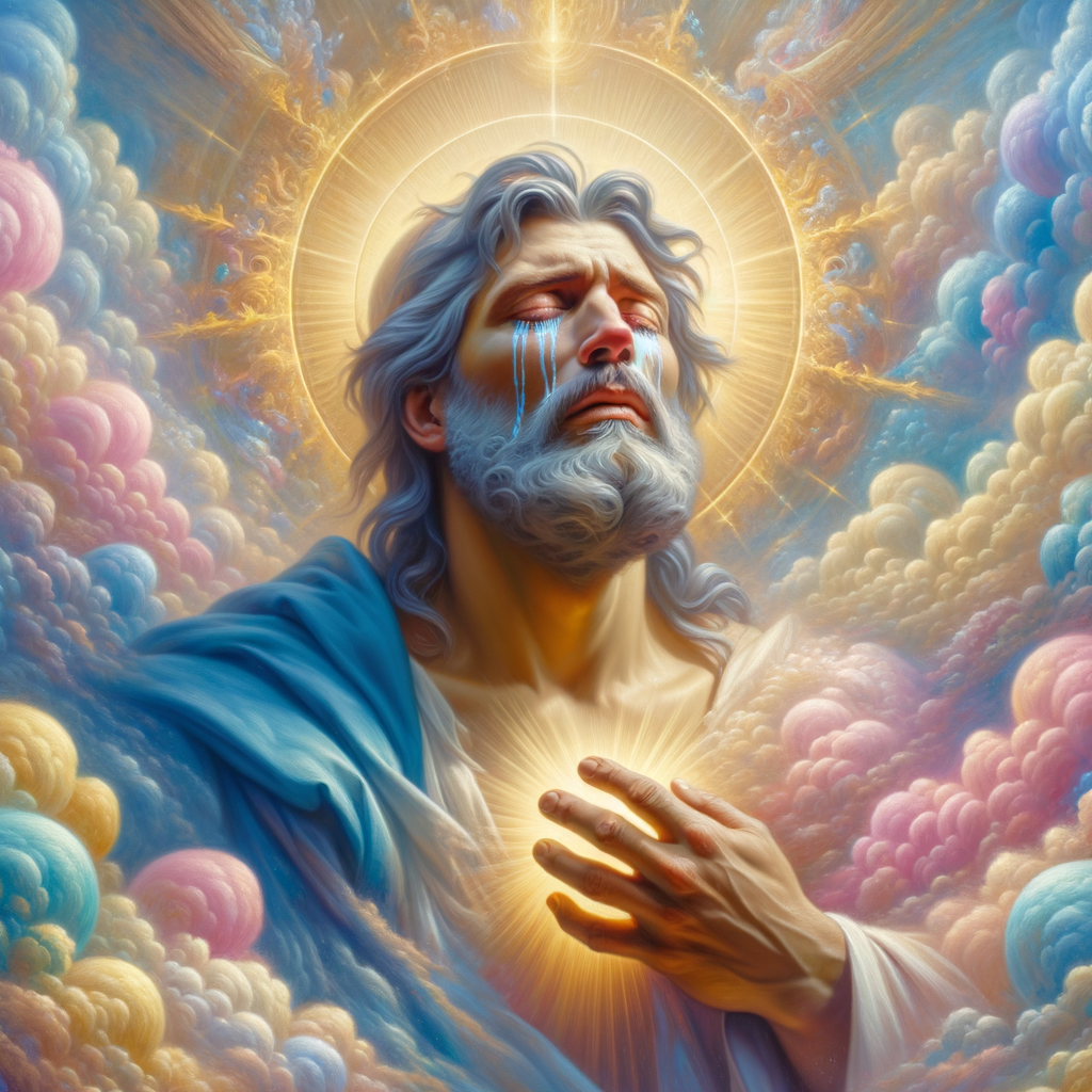 Create a 3-D realistic oil, painting brown 
Jesus Christ coming in the blue, gold, pink and white clouds with great power and glory up close, tears rolling down his face,