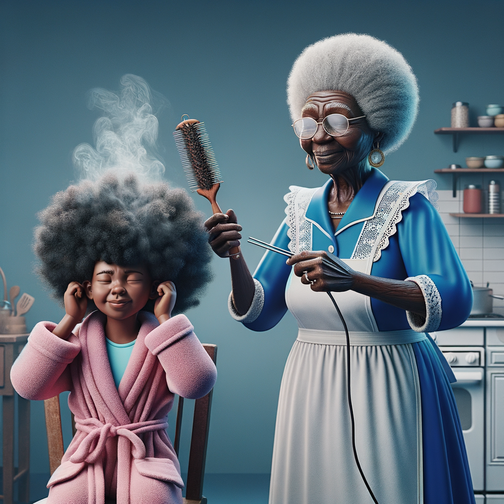 Create a realistic 3-D image of an african-American grandmother wearing a blue house dress and a white apron . She is in the kitchen with her african-American granddaughter. Her granddaughter is wearing a pink bath robe. The grandmother has a hot comb in her hand and she is straightening her granddaughters hair. One side of her granddaughters hair is in  a Afro the other straight 
There is smoke coming from the hot comb
The granddaughter is holding her ear and making a funny face