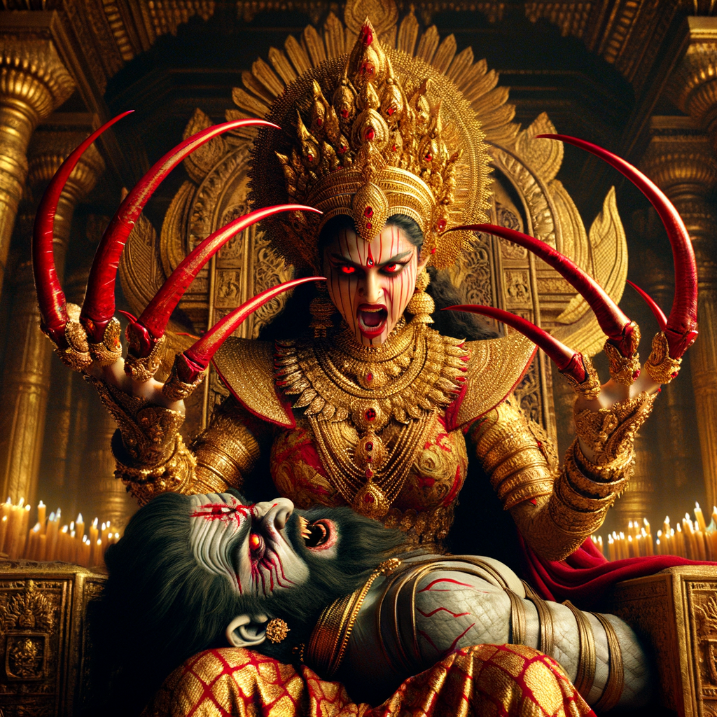 portrait of angry looking indian goddess sitting on a gold crown and carrying a weak mahishasur on her lap and poking him with her amazingly long red fingernails. She is wearing gold armor, a huge gold crown, gold saree, abundant  gold jewelry, covered in blood. The scene is set in ancient India. The image is 8K resolution, cinematic, photography, ultra detailed face and epic.