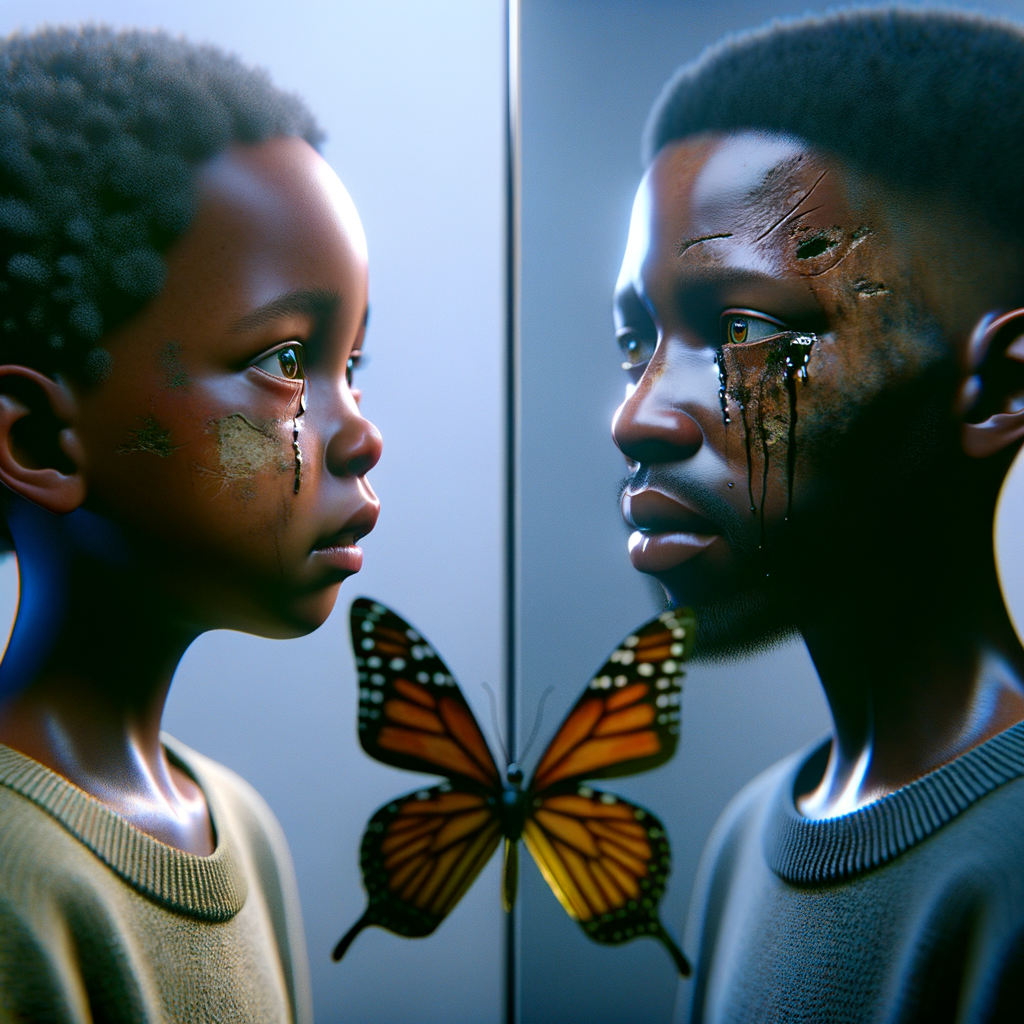 Create a 3-D realistic, adult african-American, female and male looking at themselves in the mirror but the child them has scars dirty crying and sad, with a falling butterfly