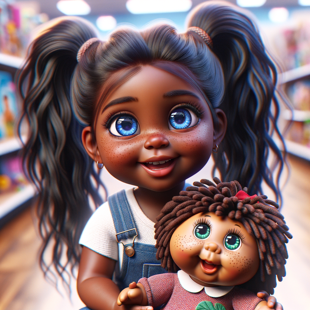 Create a 3-D realistic image of an African-American little girl above the age of five she has huge, blue eyes and thick long ponytails.
She is in a toy store and she is playing with her favorite african-American Cabbage Patch doll , the doll has deep, dimples and freckles