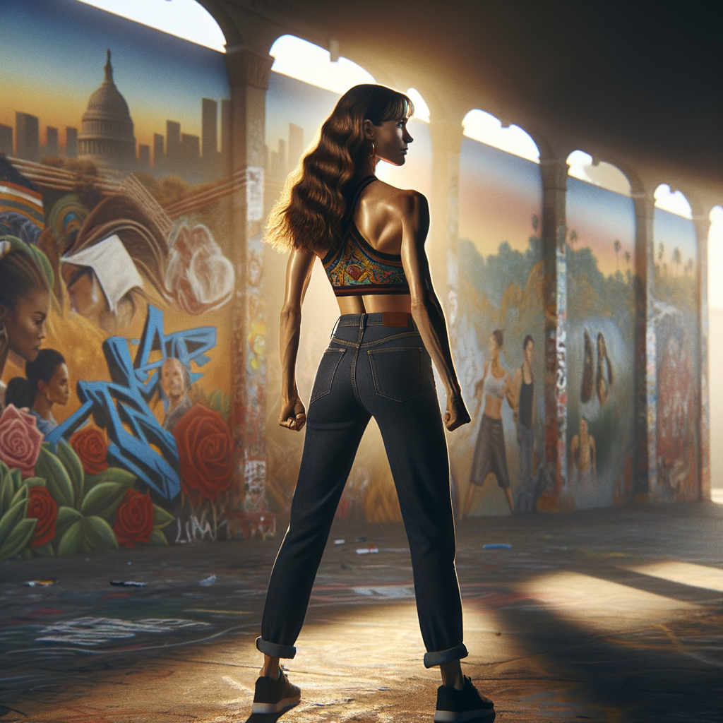 Athletic Thin skinny Attractive, Asian teenage girl, long brown hair and bangs, wearing tight skinny jeans and a halter top paint marks on her clothing, heroic pose Asian graffiti background, backside view