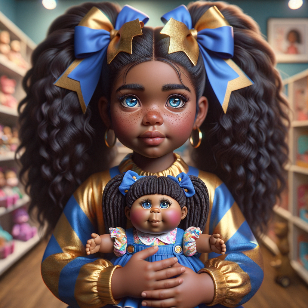 Create a 3-D image of an african-American little girl inside of a medium size, toy store. The little girl has thick long, ponytails and huge blue eyes. She has on a gold and blue jumpsuit with matching bows, She is playing with her favorite african-American cabbage patch doll, the doll has deep, dimples, and freckles and looks just like her