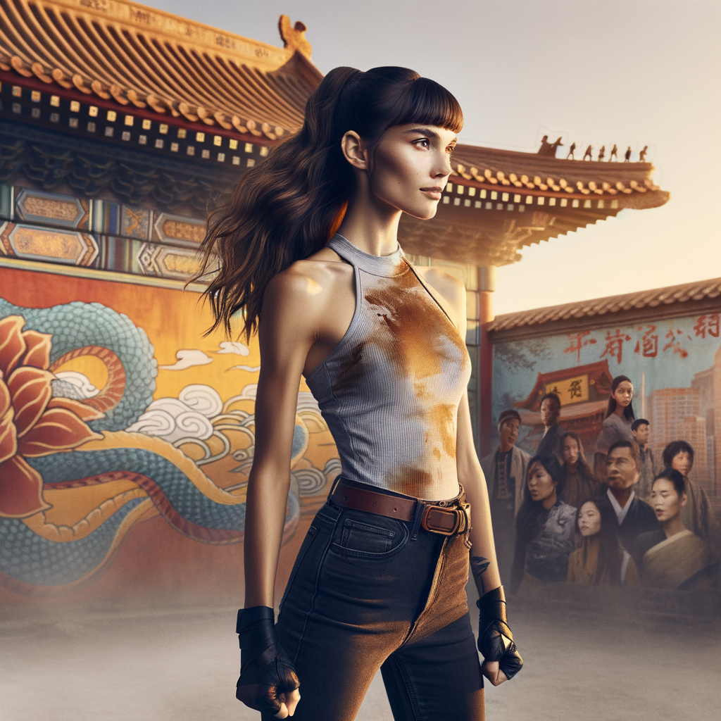 Athletic Thin skinny Attractive, Asian teenage girl, long brown hair and bangs, wearing tight skinny jeans and a halter top paint marks on her clothing, heroic pose Asian graffiti background, side view