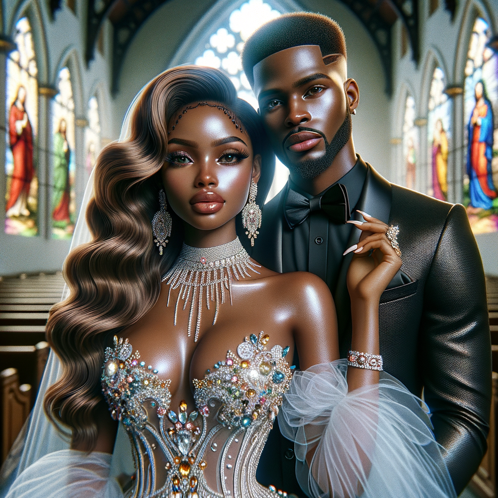 Create a realistic airbrushed illustration of a beautiful African-American couple at their wedding. The woman has flawless makeup, long wavy hair, and wears a spectacular gown adorned with various types of jewels, embodying elegance and sophistication. Her partner, an African-American man, is dressed in a sleek black Gucci suit and sports a fade crop top haircut, adding a modern flair to his dapper appearance. They stand together in a beautiful church, which is enhanced by colorful stained glass windows casting a vibrant glow around them, adding to the solemnity and joy of the occasion. The image should capture the essence of their love and the intricate details of their attire and the setting, all in a heavily HDR style at 300 dpi.