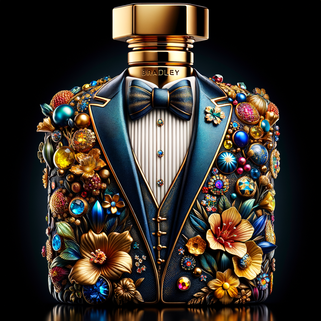 Create a blue and gold cologne bottle in the shape of a tuxedo with flowers with the name, Bradley and colorful jewels and diamonds