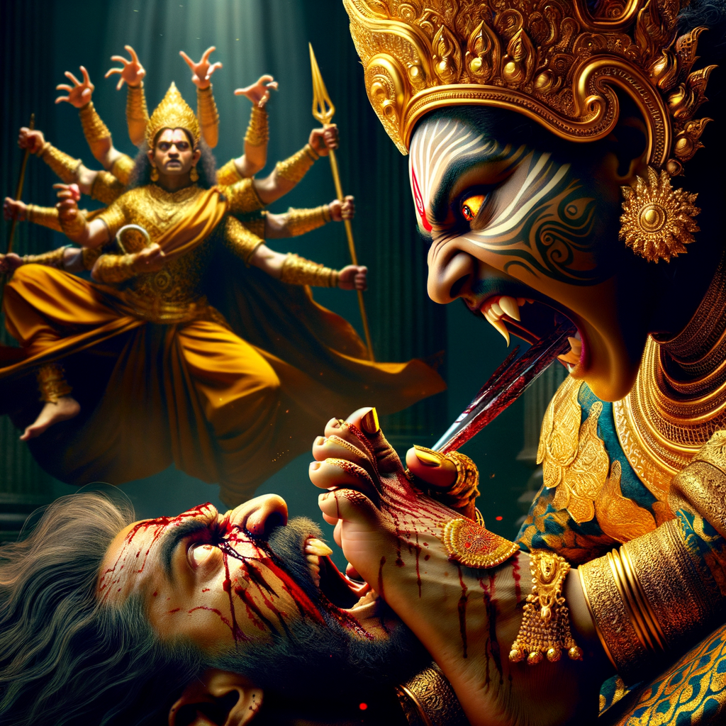 portrait of angry looking goddess durga pinning a weak mahishasur to the ground with her foot and stabbing him with her amazingly long fingernails. She is wearing gold armor, a huge gold crown, gold saree, abundant  gold jewelry, covered in blood. The scene is set in ancient India. The image is 8K resolution, photography, cinematic, ultra detailed face and epic