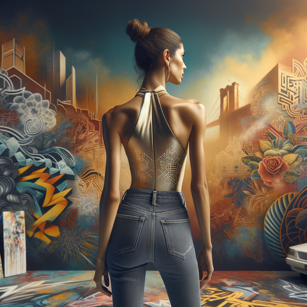 Athletic Thin skinny Attractive, Asian teenage girl, long brown hair and bangs, wearing tight skinny jeans and a halter top paint marks on her clothing, heroic pose Asian graffiti background, backside view