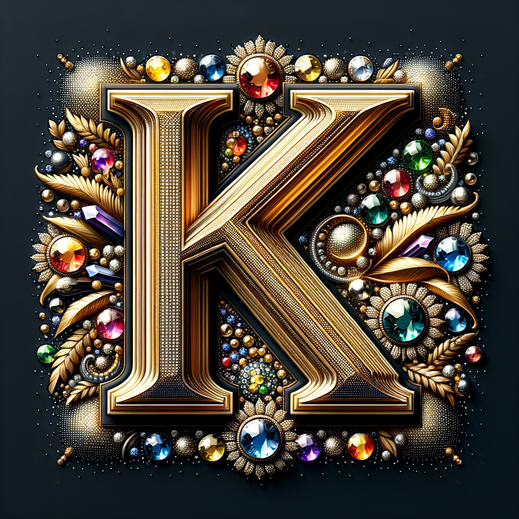 Create a 3-D realistic image with the letters  K.S. in gold raised letters , Add diamonds and colorful jewels