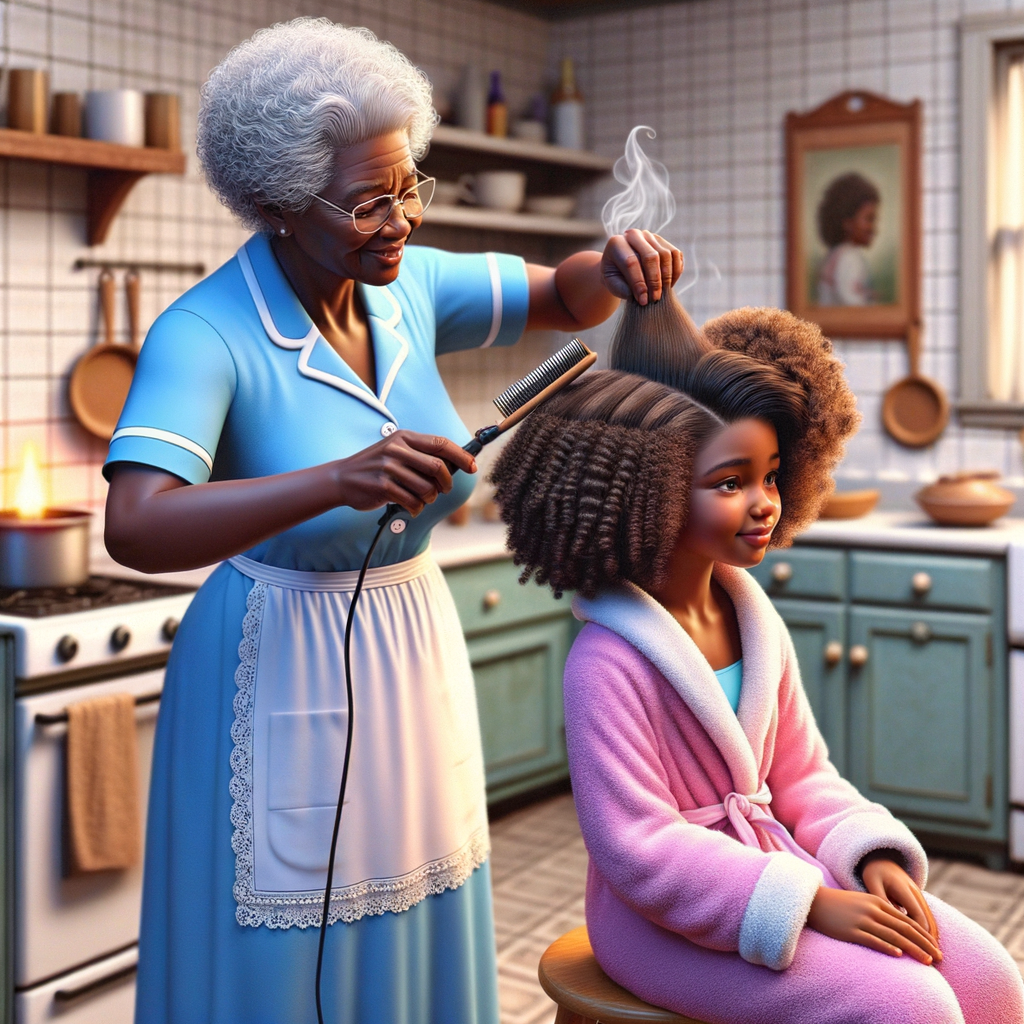 Create a realistic 3-D image of an african-American grandmother wearing a blue house dress and a white apron . She is in the kitchen with her african-American granddaughter. Her granddaughter is wearing a pink bath robe. The grandmother has a hot comb in her hand and she is straightening her granddaughters hair. One side of her granddaughters hair is in  a Afro the other straight 
There is smoke coming from the hot comb
The granddaughter is making a face