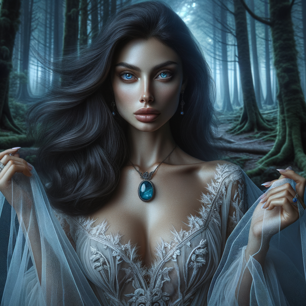 Ultra realistic photograph of 25 years woman, full body, dark and long hair in image, her eyes are blue and her skin is olive. she is wearing an ethereal white dress, standing  in  forest at night., and she holds in her hand a blue stone amulet,  background full of details and textures, cinematic.