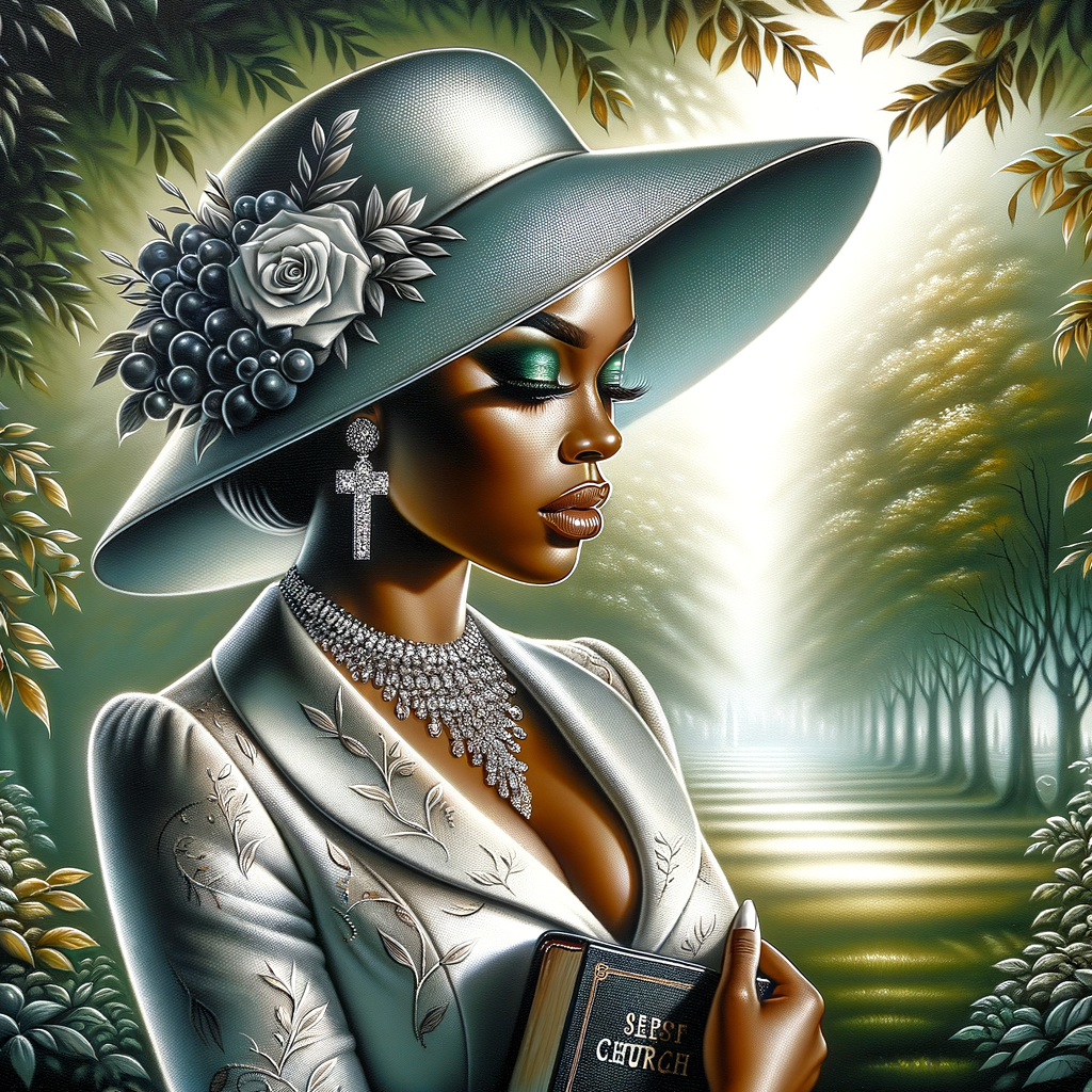 Render an airbrush oil painting of an African American woman with flawless makeup in a
contemplative pose, holding a Bible close to her heart, dressed in an elegant Sunday Best
outfit with a distinctive Church Hat. The background features a peaceful church garden,
with light filtering through the trees, highlighting her spiritual connection and the personal
moment of reflection. The artwork should capture the tranquility of the scene, the beauty
of her attire, and the depth of her contemplation, reflecting a serene and spiritually