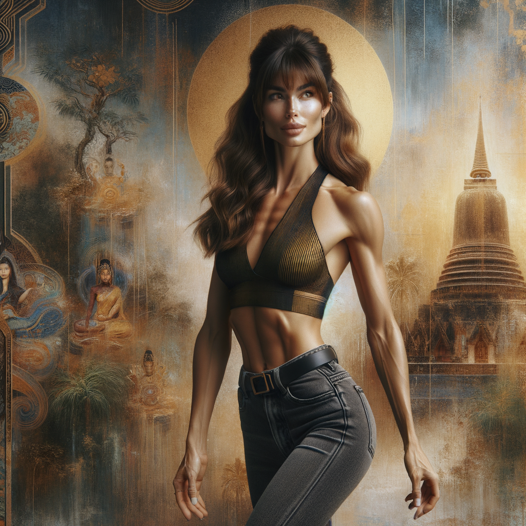 Athletic Thin skinny Attractive, Asian teenage girl, long brown hair and bangs, wearing tight skinny jeans and a halter top paint marks on her clothing, heroic pose Asian graffiti background, backside view