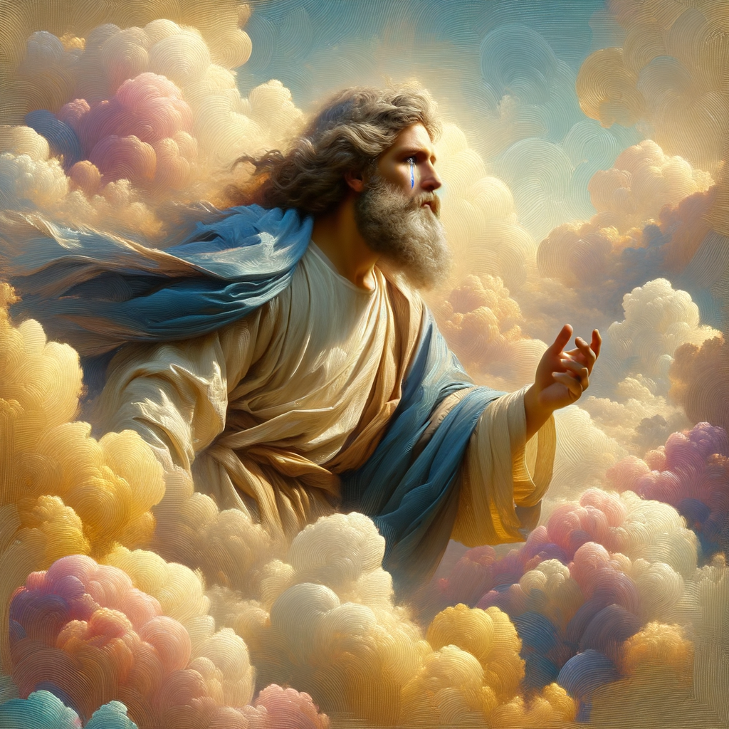 Create a 3-D realistic oil, painting Jesus Christ coming in the blue, gold, pink and white clouds with great power and glory up close, tears rolling down his face,