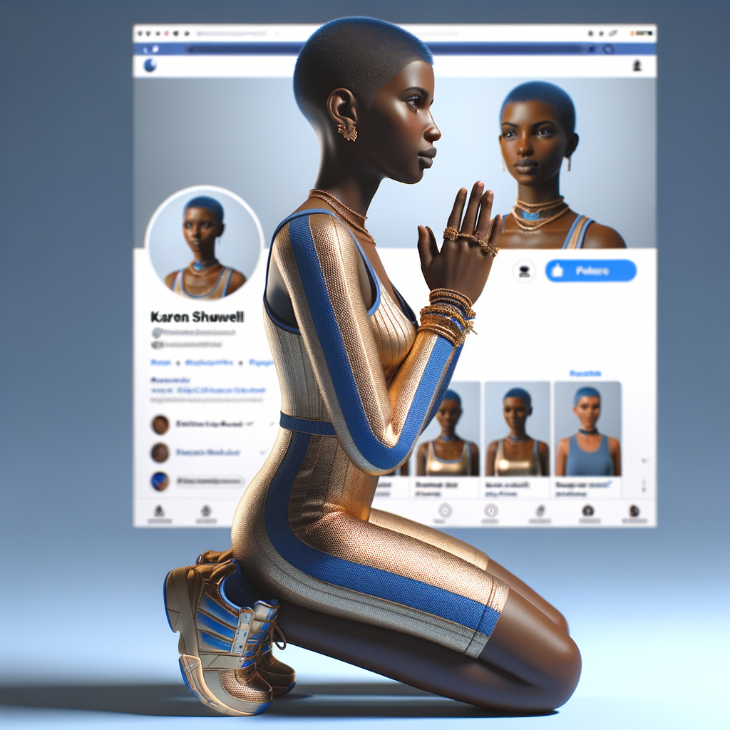 Create a 3D illustration of a realistic light skinned African-American woman on The remote her knees Praying , she has a black pixie cut haircut FACEBOOK social media with a FACEBOOK BACKGROUND . She is wearing a gold and blue jumpsuit and gold and blue Nike gym shoes. The background is a FACEBOOK social media profile with a user name “KAREN SHOWELL ” and profile FACEBOOK Cover