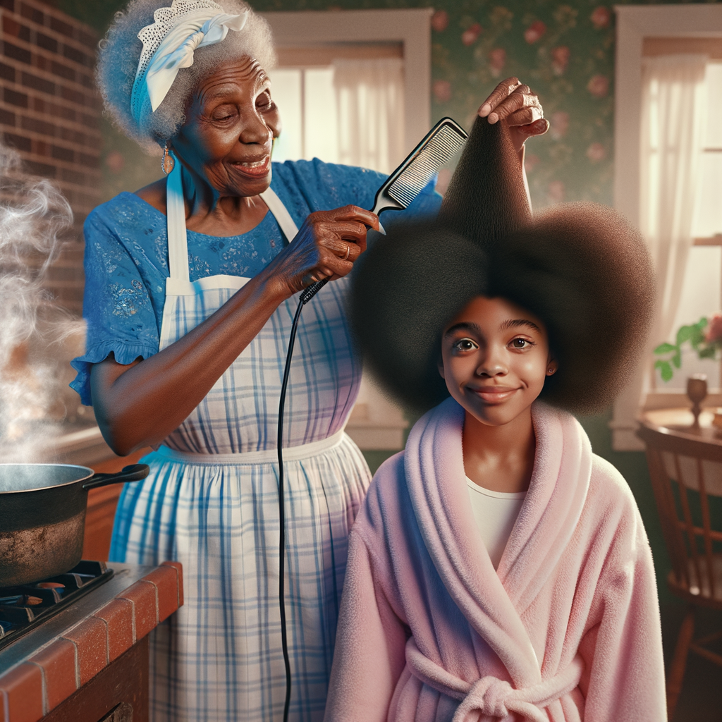 Create a realistic 3-D image of an african-American grandmother wearing a blue house dress and a white apron . She is in the kitchen with her african-American granddaughter. Her granddaughter is wearing a pink bath robe. The grandmother has a hot comb in her hand and she is straightening her granddaughters hair. One side of her granddaughters hair is in  a Afro the other straight 
There is smoke coming from the hot comb
The granddaughter is making a face