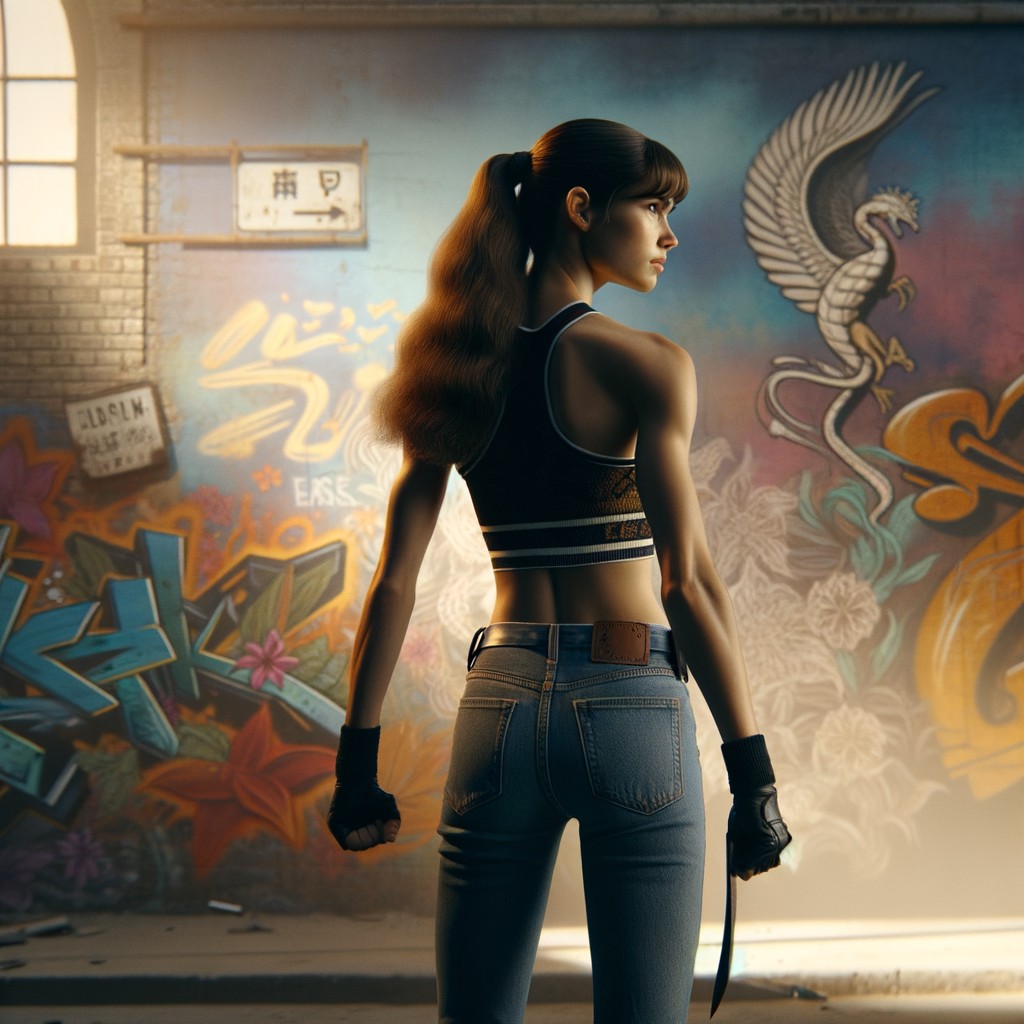 Athletic Thin skinny Attractive, Asian teenage girl, long brown hair and bangs, wearing tight skinny jeans and a halter top paint marks on her clothing, heroic pose Asian graffiti background, backside view