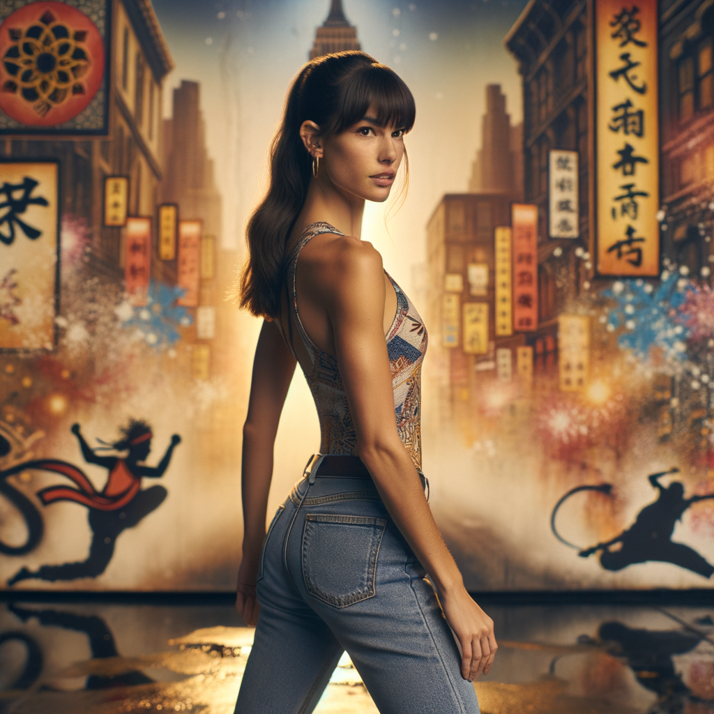 Athletic Thin skinny Attractive, Asian teenage girl, long brown hair and bangs, wearing tight skinny jeans and a halter top paint marks on her clothing, heroic pose Asian graffiti background, backside view