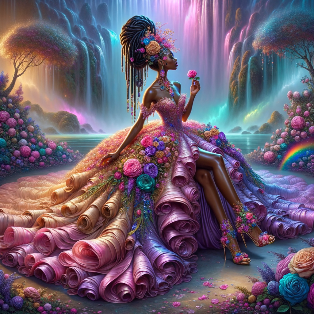 Remix Prompt
S/O Jackie Torres
S/O Panda Locke

create a animated style hyper realistic airbrush whimsical oil painting of a light African American woman wearing a flawless beautiful purple, pink, and gold blossom dress long flowing with colorful flowers and ruffles on the dress colorful jewelry made of flowers she has long black dreadlocks in a bun a colorful rose in her hair her peep toe shoes is matching her dress behind her is a beautiful waterfall liquid glowing lights beautiful colorful rainbow surrounded by beautiful roses.