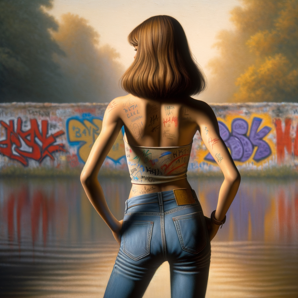 Athletic Thin skinny Attractive, Asian teenage girl, long brown hair and bangs, wearing tight skinny jeans and a halter top paint marks on her clothing, heroic pose Asian graffiti background, backside view