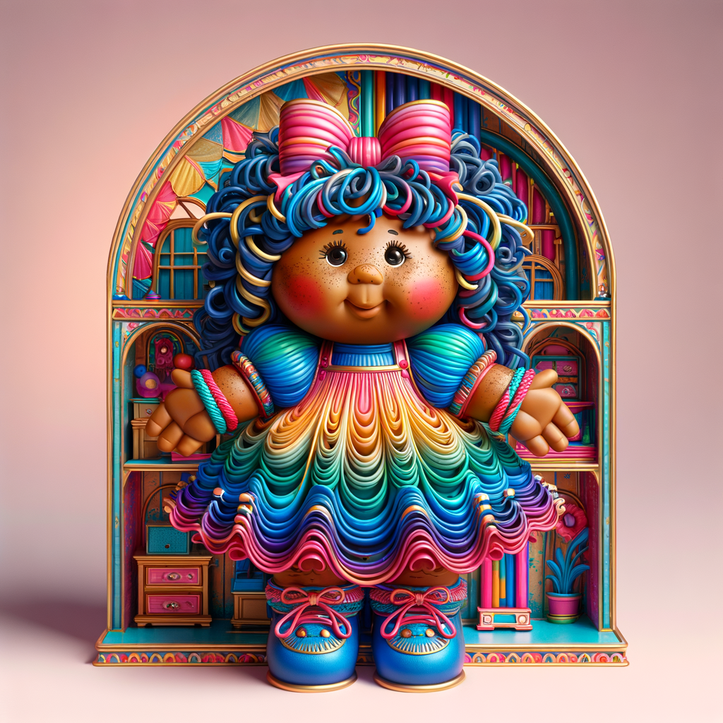 Design a 3-D realistic original African-American Cabbage Patch doll. She has on a blue pink and gold dress with matching booties. She has pink and blue bows in her hair. she lives inside of a colorful dollhouse. She has freckles and big dimples.