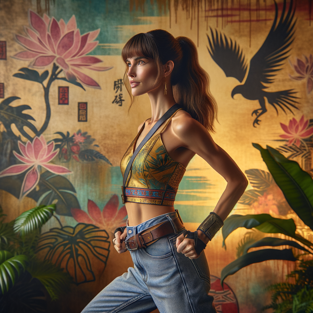 Athletic Thin skinny Attractive, Asian teenage girl, long brown hair and bangs, wearing tight skinny jeans and a halter top paint marks on her clothing, heroic pose Asian graffiti background, side view