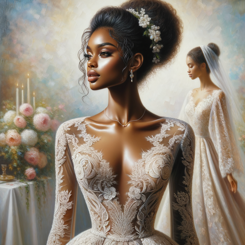 A hyper-realistic oil painting of an African American bride standing gracefully. She has a radiant complexion with a warm, glowing skin
tone. Her hair is styled in an elegant updo adorned with delicate white flowers. The bride is wearing a stunning, intricately detailed lacewedding gown with a subtle shimmer, capturing the light beautifully.The gown features a classic silhouette with a modern twist, including a deep V-neckline and a flowing train. She is also wearing a delicate pearl necklace and small, elegant earrings that add a touch ofsophistication. The background is a soft, romantic blur of pastelcolors, enhancing the focus on the bride and her exquisite bridal
attire. The painting should exude elegance, capturing the rich textures and vibrant details characteristic of oil paintings, with a particular emphasis on the fabric of the dress, the hairstyle, and the subtle a African-American Jesus Christ is in the background looking on