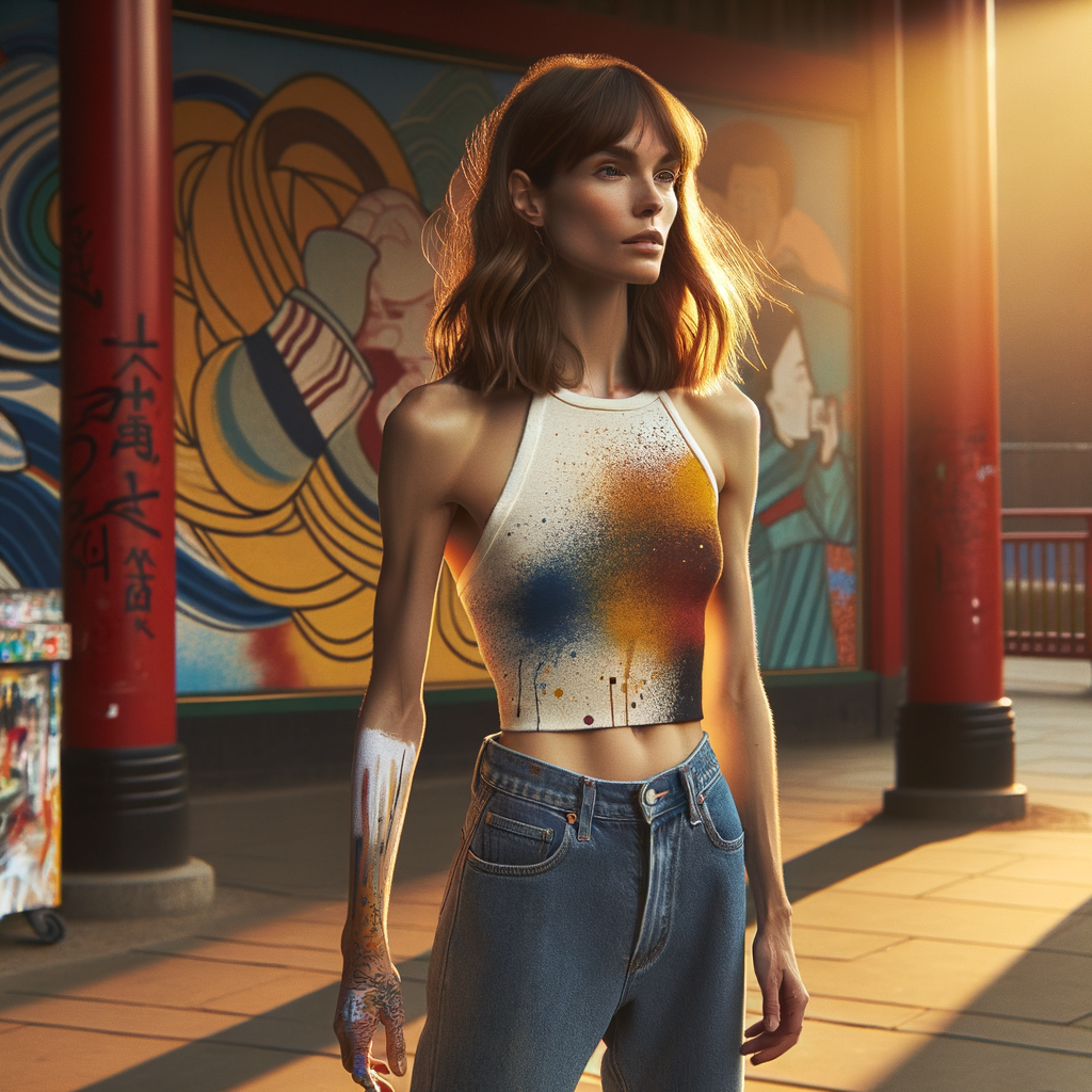 Athletic Thin skinny Attractive, Asian teenage girl, long brown hair and bangs, wearing tight skinny jeans and a halter top paint marks on her clothing, heroic pose Asian graffiti background, side view