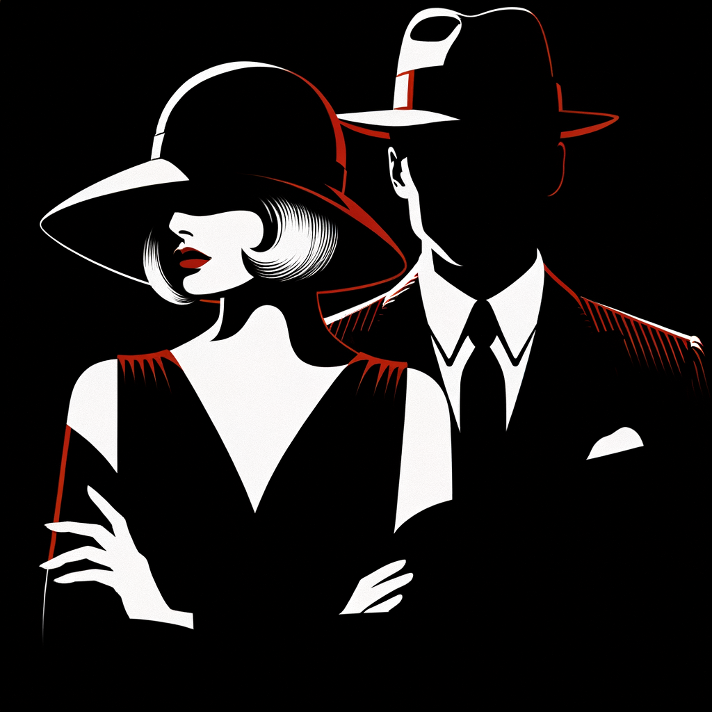 A glamorous 1920s lady and man, black and white silhouette style with red highlights, she is wearing a wide brim hat and sleek black dress. He is wearing a gangster hat. Show head and shoulders only. Black background