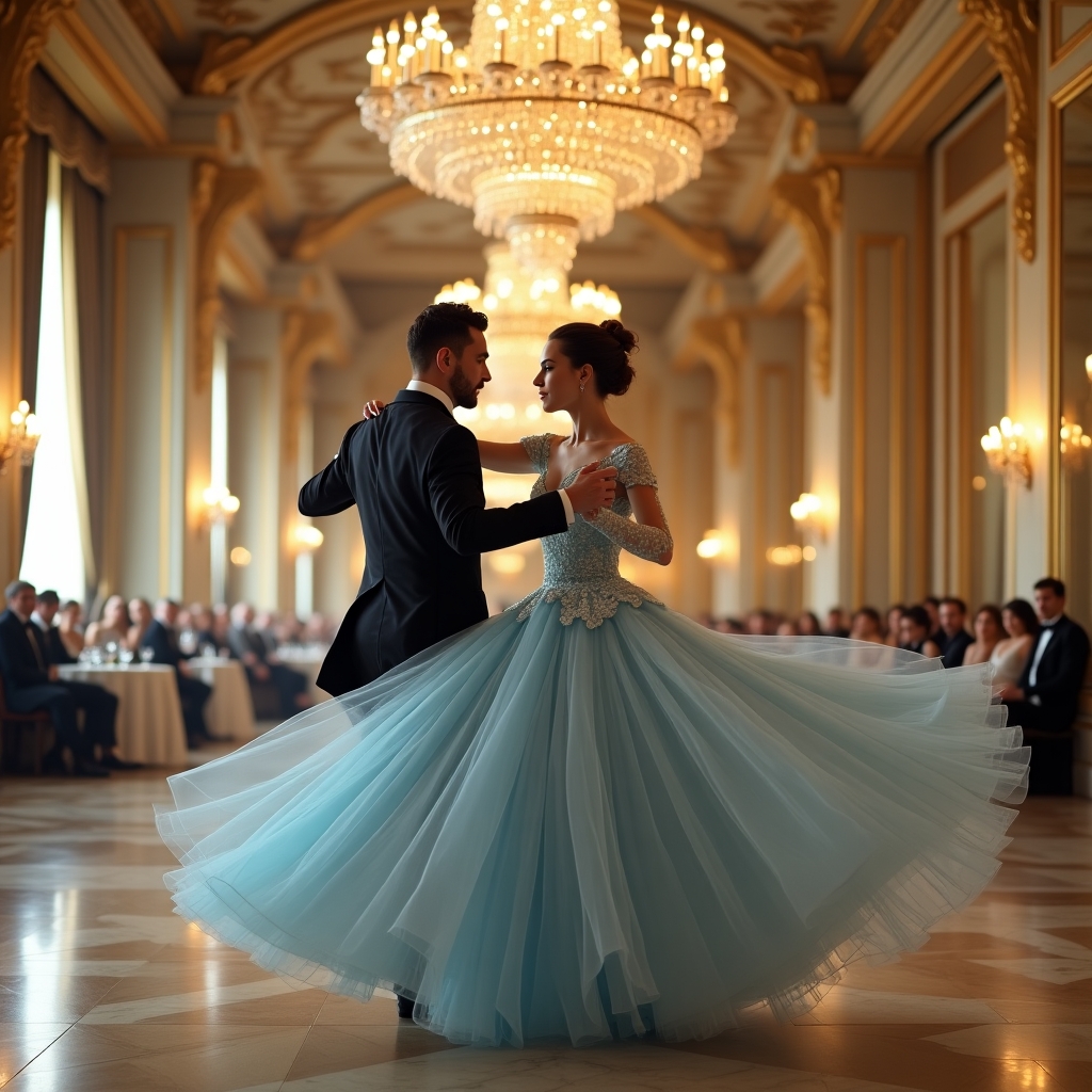 “A breathtaking shot taken with a Nikon D850 and a 24-70mm f/2.8 lens. Dahlia Valentina (DahliaValentina_ai) fit tall supple well endowed tanned Italian American model glides gracefully across an opulent ballroom floor, caught mid-turn in a Viennese waltz. She wears a flowing ice-blue ballgown, its delicate lace details shimmering under the golden glow of an enormous crystal chandelier. Her posture is poised, her expression serene as she twirls with an elegant dance partner in a classic tuxedo. The grand ballroom features intricate gilded moldings, towering windows draped with silk curtains, and polished marble floors reflecting their movements. The air feels enchanted, as if time itself has slowed for this graceful moment. The soft depth of field blurs the background slightly, enhancing the dreamlike quality of the scene.”