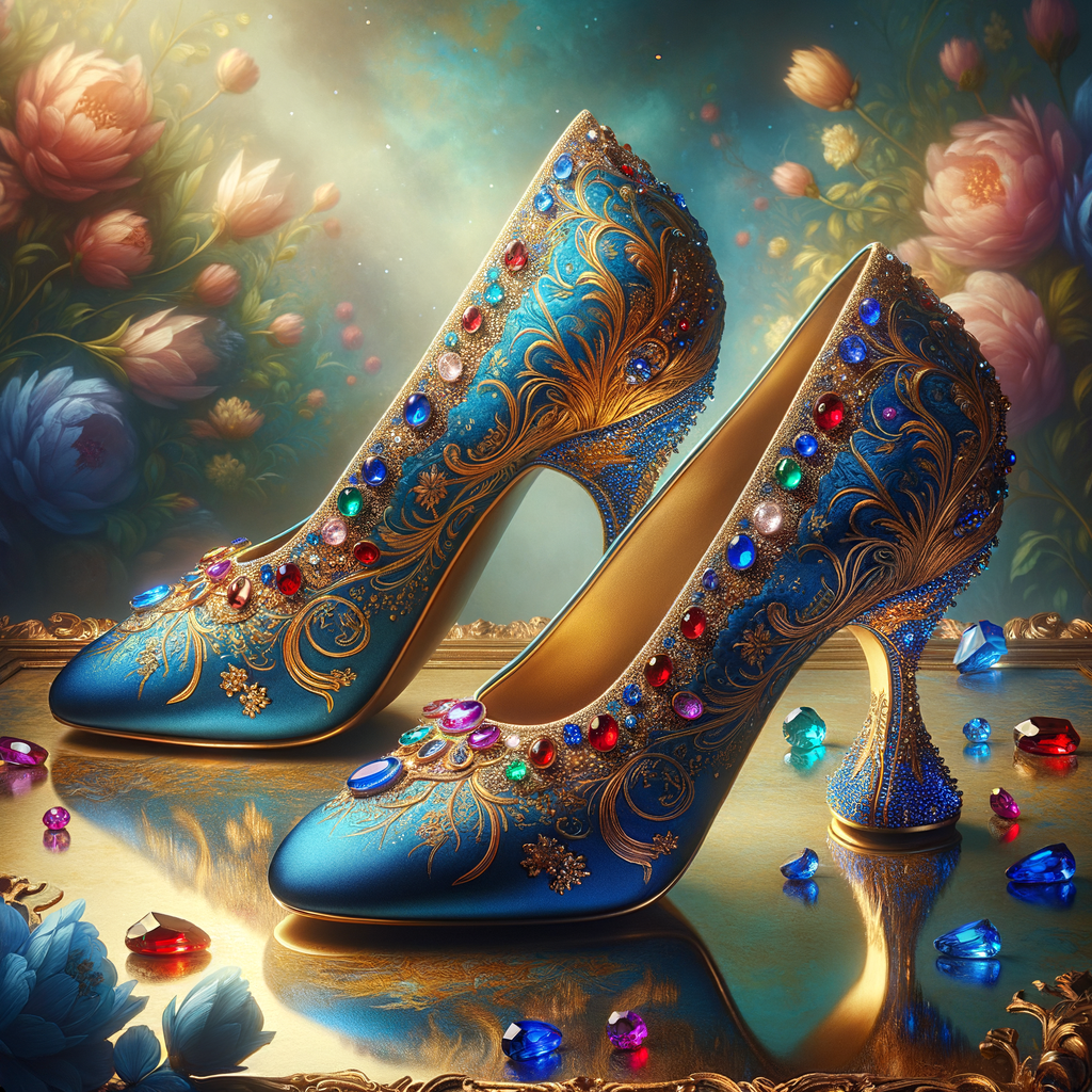 Imagine a pair of enchanting shoes, each a mirror image of the other, placed gracefully upon a regal surface. They are bathed in the soft, diffuse light that casts gentle reflections upon their silk fabric. These shoes are no ordinary footwear; they are a masterpiece of vibrant royal blue, adorned with ornate golden filigree and a multitude of glittering jewels in various hues—rubies, sapphires, emeralds, and delicate pink diamonds. Each shoe boasts an elegant, curved heel in a matching vivid blue, with tiny red and blue gems accenting the base. The shoes are positioned against a backdrop of soft-focus flowers, their pastel colors complementing the rich tones of the shoes, with hints of gold framing providing a touch of opulence. This image captures the essence of a fairy tale brought to life, a visual symphony of color and splendor.