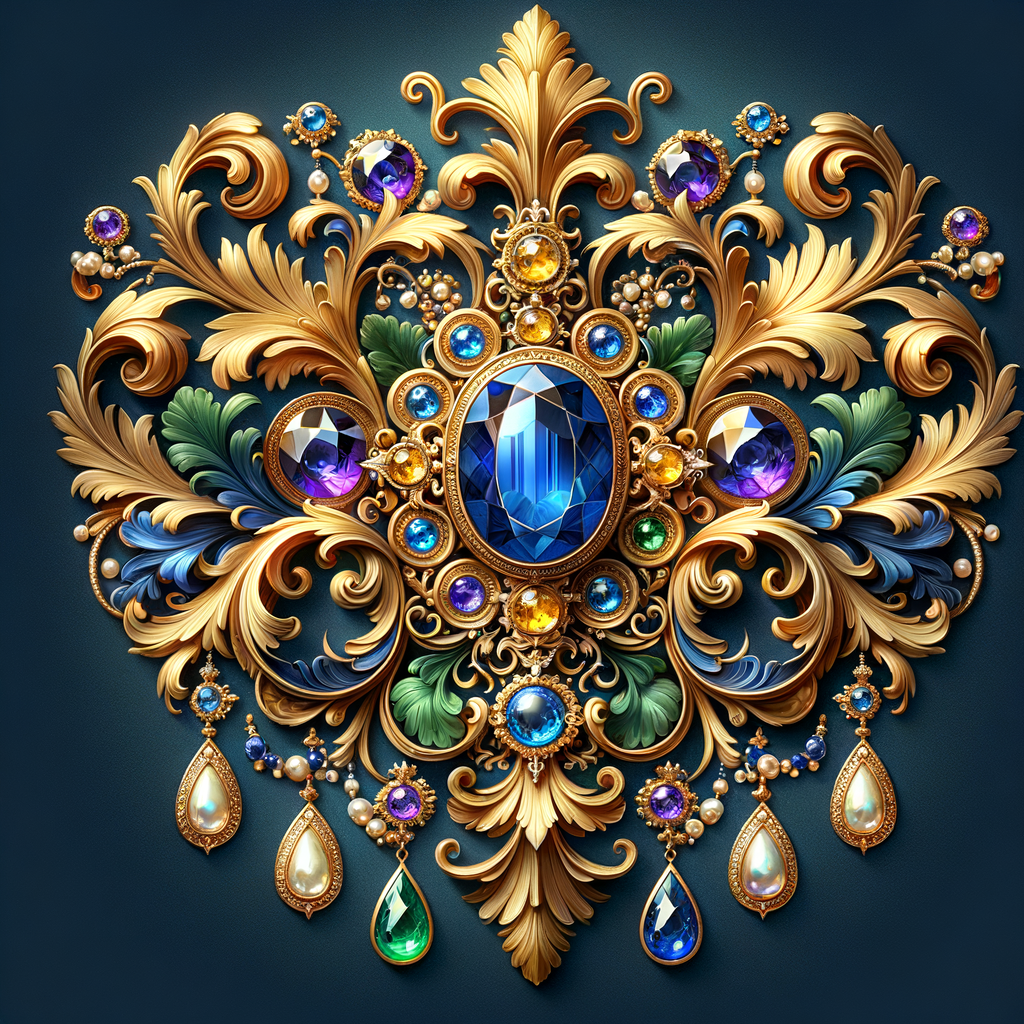 "Design an exquisite, baroque-style ornament composed of ornate gold scrollwork and flourishing acanthus leaves. Central to this design is a grand, oval-cut sapphire, surrounded by an intricate halo of smaller gemstones, including amethysts, emeralds, and pearls. Dangling elegantly from the central motif are various jeweled pendants and teardrop pearls, creating a sense of movement and opulence. The rich colors are set against a deep blue background, accentuating the gold's warm glow. Below this luxurious arrangement, the name 'KAREN' is displayed in an ornate gold script, reflecting the overall sumptuous aesthetic."