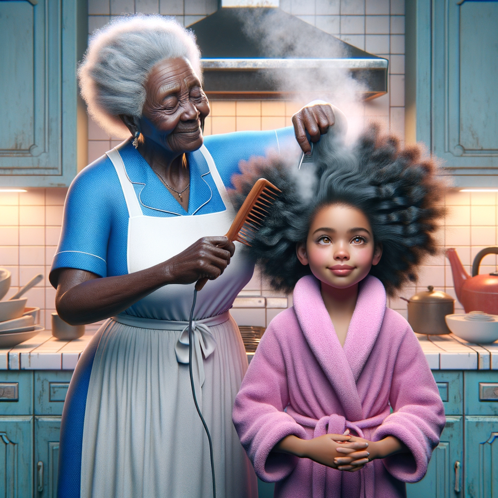 Create a realistic 3-D image of an african-American grandmother wearing a blue house dress and a white apron . She is in the kitchen with her african-American granddaughter. Her granddaughter is wearing a pink bath robe. The grandmother has a hot comb in her hand and she is straightening her granddaughters hair. One side of her granddaughters hair is in  a Afro the other straight 
There is smoke coming from the hot comb
The granddaughter is making a face