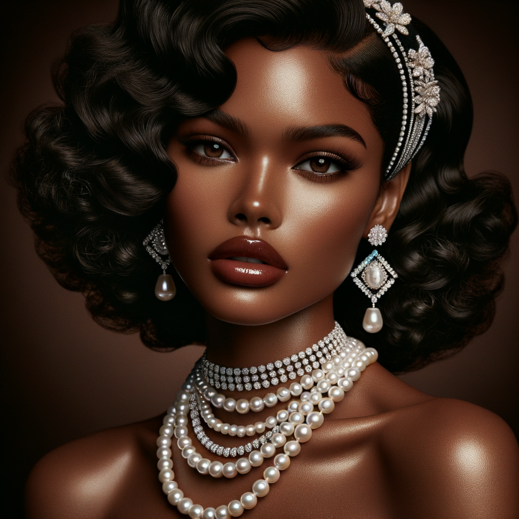 Envision a light-skinned African-American Hawaiian woman, embodying a mix of cultural elegance. Her hair is styled in glamorous, voluminous curls that frame her face, with a chic white and black headband accented by a luxurious pearl and diamond brooch. Her makeup is classic and sophisticated, with a smoky eye and deep red lipstick that complements her complexion. Adorning her neck are strands of pearls, adding to her opulence, and her ears feature large, chandelier earrings with pearls and diamonds that glisten. She carries the grace of Hawaiian charm, with her head slightly tilted in a dignified pose, her eyes full of depth and history. The background is a rich, dark shade that contrasts with her radiant skin.