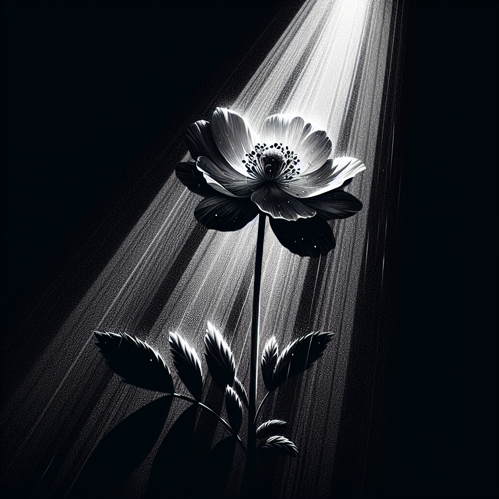 A single flower against a dark background, illuminated by a narrow beam of light that highlights the petals’ intricate details while leaving the stem in shadow