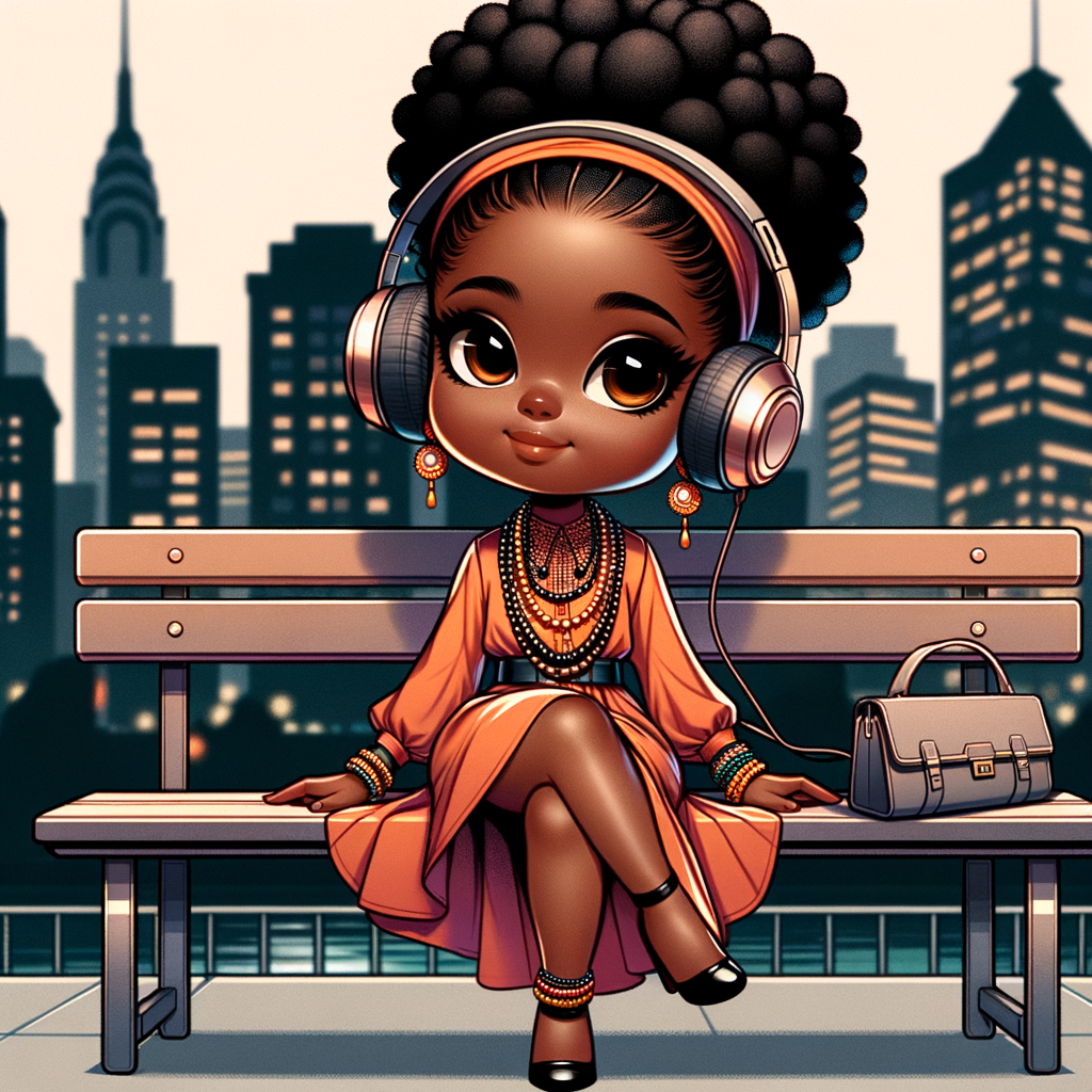 a cartoon girl with headphones sitting on a bench with a city in the background, black african princess, african american girl, super cute funky black girl, african american elegant girl, cute detailed digital art, cute artwork, black girl, beautiful artwork, black art, cute digital art, beautiful digital artwork, cute art style, cute detailed artwork, in style of digital illustration