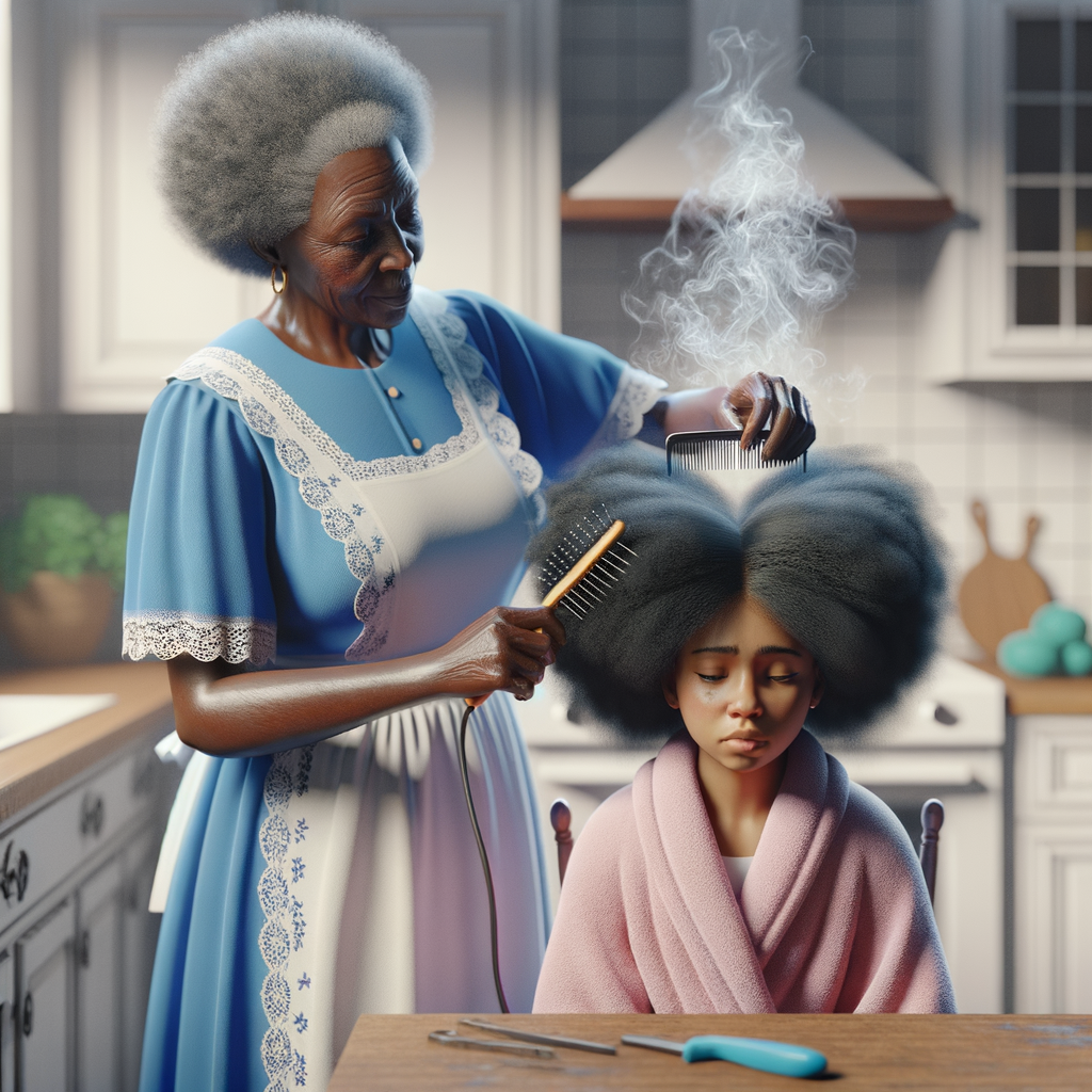 Create a realistic 3-D image of an african-American grandmother wearing a blue house dress and a white apron . She is in the kitchen with her african-American granddaughter. Her granddaughter is wearing a pink bath robe. The grandmother has a hot comb in her hand and she is straightening her granddaughters hair. One side of her granddaughters hair is in  a Afro the other straight 
There is smoke coming from the hot comb
The granddaughter is making a face