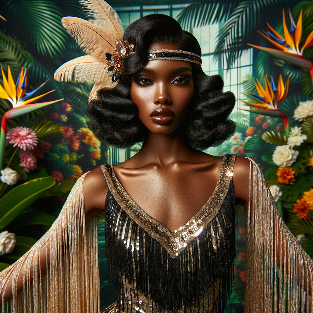 Picture a light-skinned African-American woman with striking Hawaiian features, immersed in the roaring 1920s. She's a dazzling flapper, her lively spirit captured in her attire and poise. She wears a shimmering black and gold flapper dress adorned with sequins and fringe that glisten with her every movement. Around her head, a matching headband sits gracefully, embellished with feathers and a jewel that echoes the opulence of the era. Her hair is styled in perfect finger waves, highlighting her alluring gaze and bold makeup typical of the 1920s—a smoky eye and dark, glossy lips. The background is a kaleidoscope of vibrant tropical flowers, creating a lush and vivacious scene that reflects her Hawaiian roots. Her entire demeanor is one of elegance and jubilance, a true celebration of her heritage and the exuberant era she embodies.