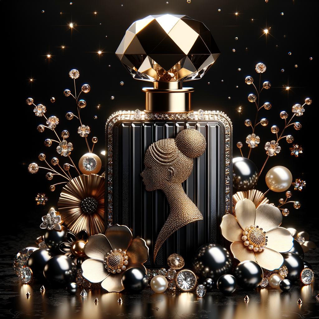 Design a fancy, black and gold bottle of perfume in the shape of a woman’s body. With a golden diamond top, flowers pearls and Diamonds in the name, Karen