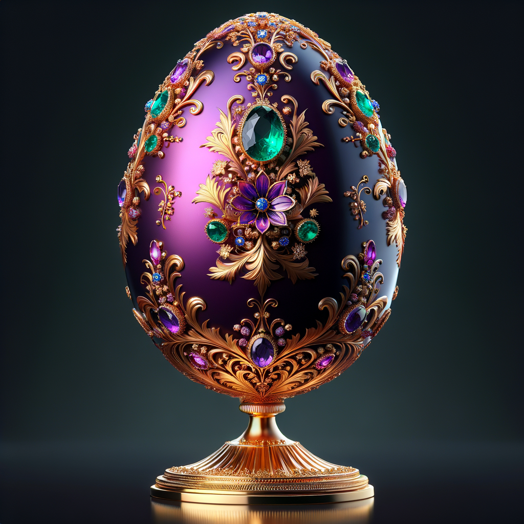 Create an image of an exquisite egg-shaped object, oriented to face the viewer head-on. The design should feature a deep purple base adorned with opulent gold filigree, floral patterns, and encrusted with various jewels such as emeralds, sapphires, and a prominent amethyst. The egg stands regally on a gold pedestal, gleaming with reflective elegance. Its intricate details and rich colors should convey a sense of luxury and royal splendor.