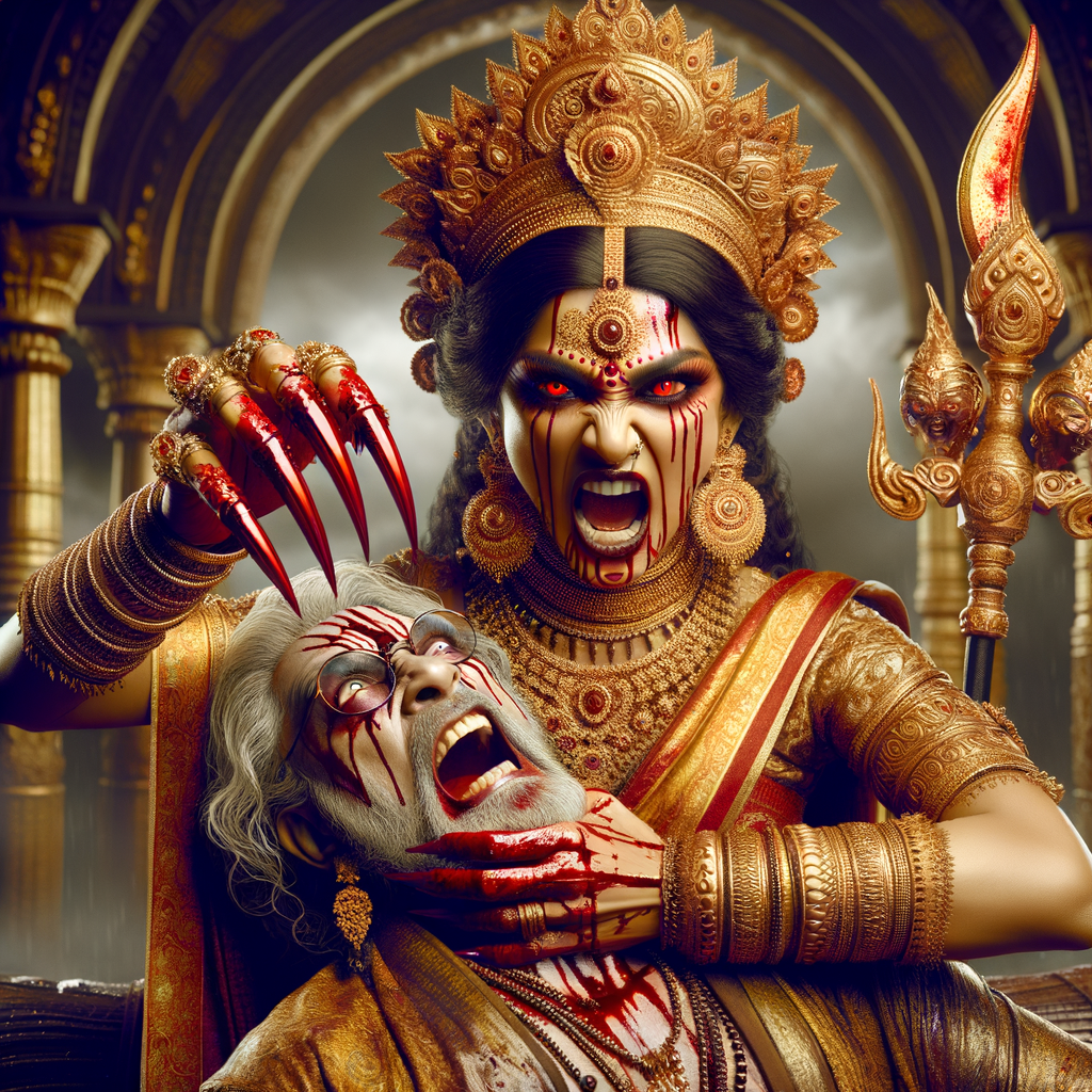 portrait of angry looking goddess durga  carrying a weak mahishasur in her arms and stabbing him with her amazingly long red fingernails. She is wearing gold armor, a huge gold crown, gold saree, abundant  gold jewelry, covered in blood. The scene is set in ancient India. The image is 8K resolution, cinematic, ultra detailed face and epic.