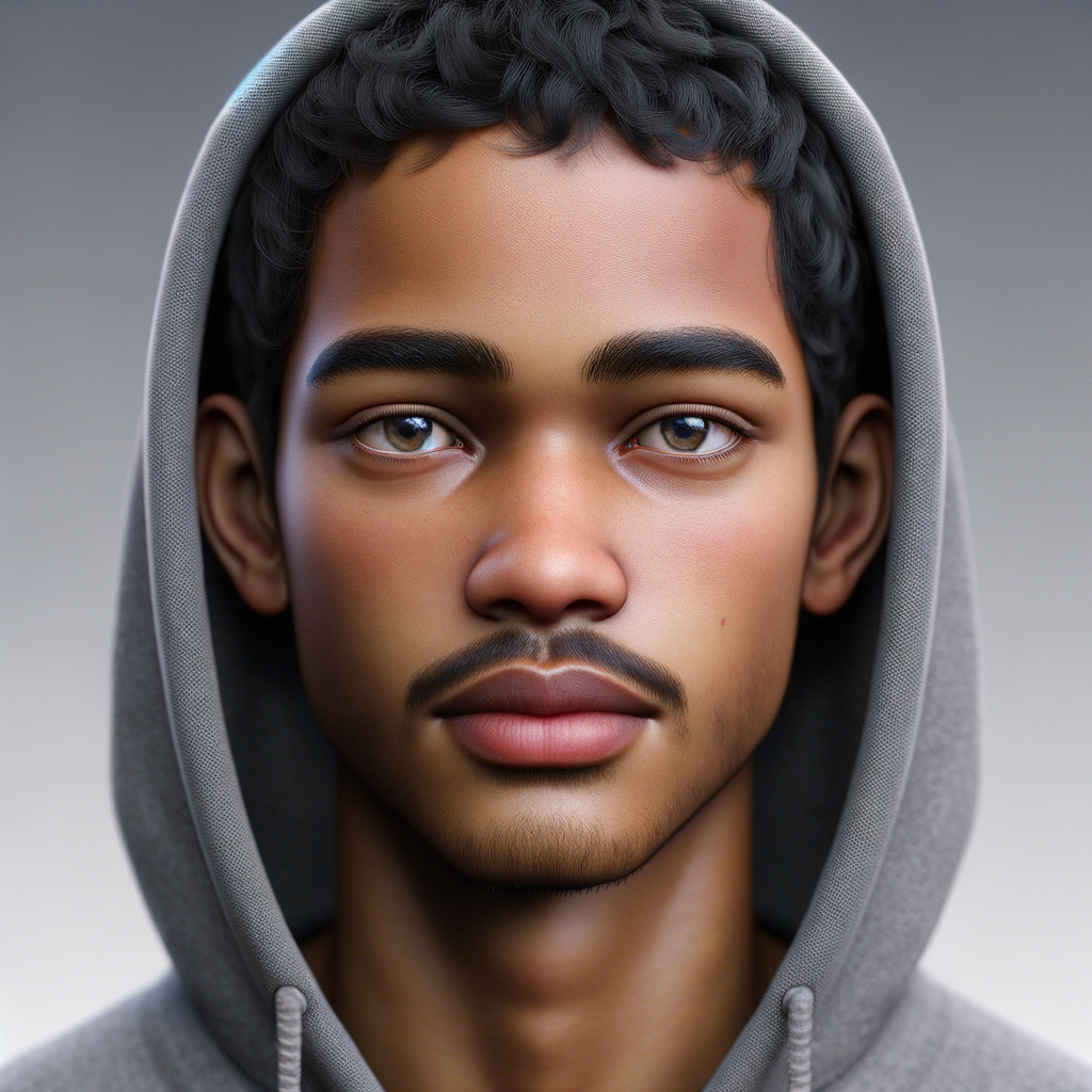 Create a 3-D realistic portrait of Trayvon Martin, wearing a hoodie