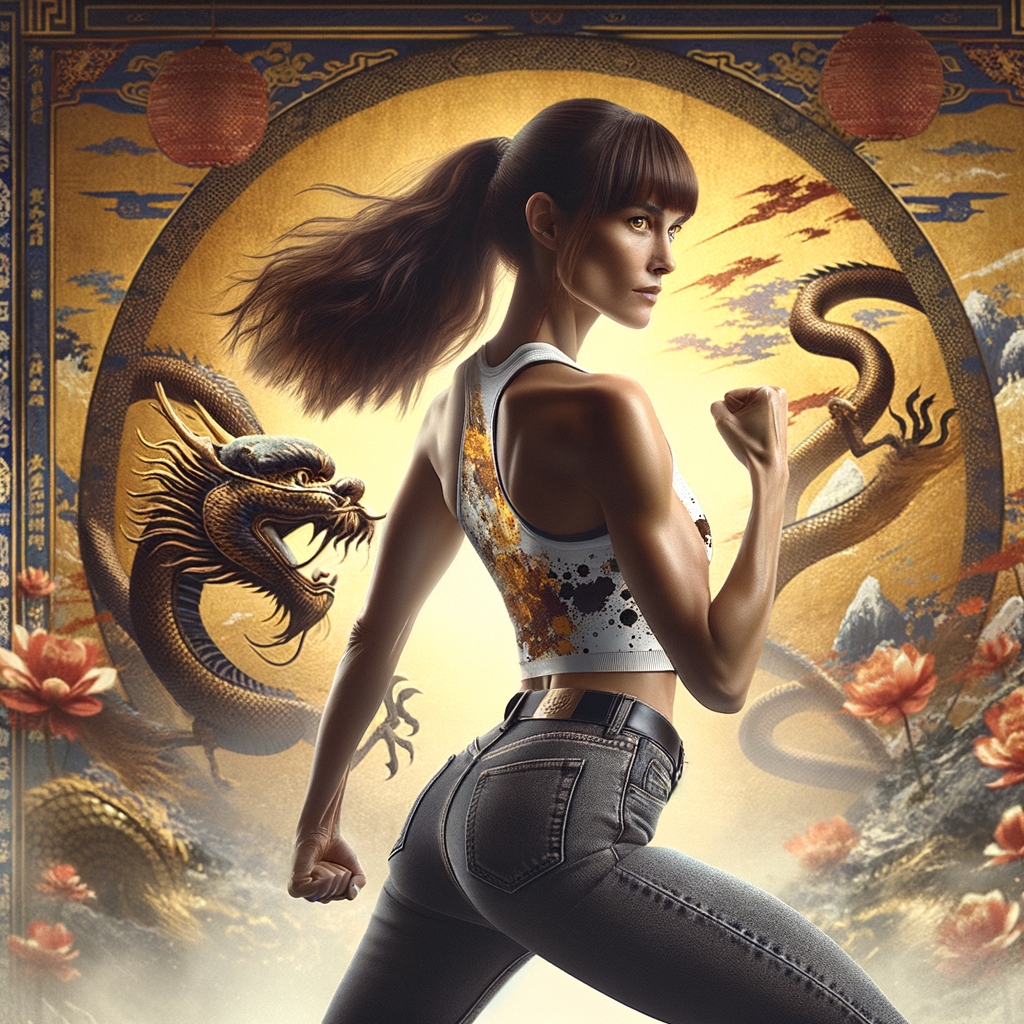 Athletic Thin skinny Attractive, Asian teenage girl, long brown hair and bangs, wearing tight skinny jeans and a halter top paint marks on her clothing, heroic pose Asian graffiti background, backside view