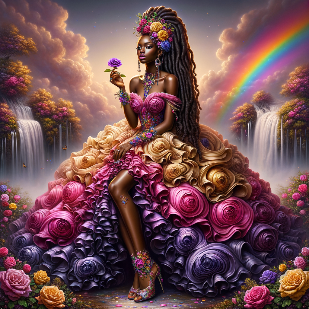 Remix Prompt
S/O Jackie Torres
S/O Panda Locke

create a animated style hyper realistic airbrush whimsical oil painting of a light African American woman wearing a flawless beautiful purple, pink, and gold blossom dress long flowing with colorful flowers and ruffles on the dress colorful jewelry made of flowers she has long black dreadlocks in a bun a colorful rose in her hair her peep toe shoes is matching her dress behind her is a beautiful waterfall liquid glowing lights beautiful colorful rainbow surrounded by beautiful roses.