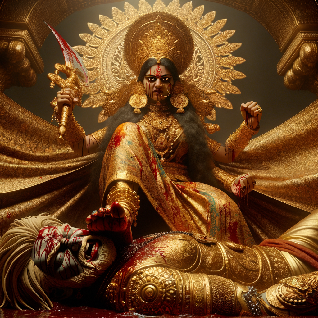 portrait of angry looking goddess durga has her foot on a defeated mahishasur. She is wearing gold armor, a huge gold crown, gold saree, abundant  gold jewelry, covered in blood. Mahishasur laying on ground dead. The scene is set in ancient India. The image is 8K resolution, photography, cinematic, ultra detailed face and epic